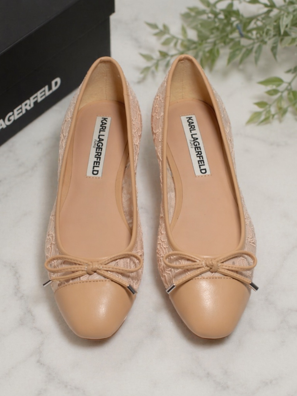 🏷️ NWT Karl Lagerfeld Nude Lace Ballet Flats Bow Toe Cap Elegant Designer